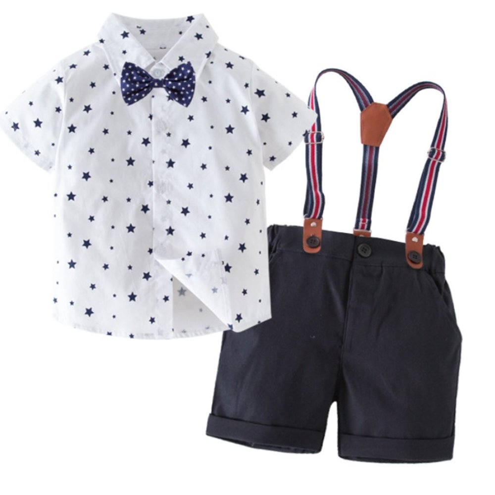 Star White Shirt, Navy Shorts, Suspenders, Bowtie 4pcs Little Boy Outfit